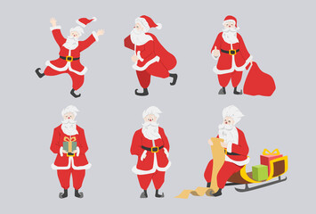 Set of Cool and Cute Santa Claus character with presents, bag, gift boxes. Funny and Happy cartoon for Christmas vector illustration
