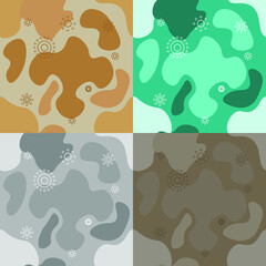 Set of four abstract seamless patterns

A background of repeating monochrome spots and small circles in aquamarine, gray, beige and brown tones. Suitable for any backdrop design.
