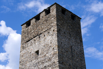 Unesco world heritage castle Castelgrande at City of Bellinzona, Canton Ticino, on a sunny late summer morning. Photo taken September 11th, 2021, Bellinzona, Switzerland.