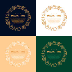 Magic icon. Vector infographic illustration of line magic and circus icons with wand, wizard, magic hat, broom, spell book, fantasy, rabbit, magical sphere. Magician tools for web design, apps.