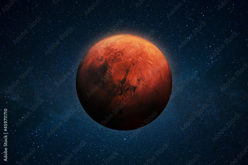 Poster red planet mars in deep outer space with stars. space wallpaper