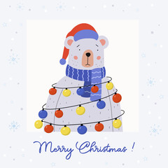 Merry Christmas greeting card. Cute bear wearing a blue scarf and Santa hat. He has garland with multicolored lights on it. Holiday vector illustration