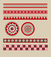 A set of vector ethnic red and black border dividers in the style of Russian folk northern Mezen painting for decoration