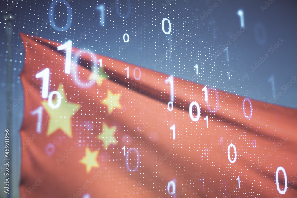 Poster abstract virtual binary code sketch on flag of china and blue sky background, hacking and matrix con