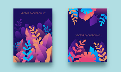 Vector set of modern blue background with colorful flower and leaves illustration template, flyer, poster, card
