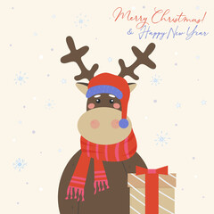 Merry Christmas greeting card. Cute reindeer in a red crocheted scarf and Santa Claus hat brought a gift. Holiday vector illustration