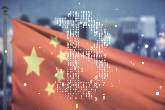 Virtual Bitcoin hologram on flag of China and blurry cityscape background. Multiexposure - Powered by Adobe