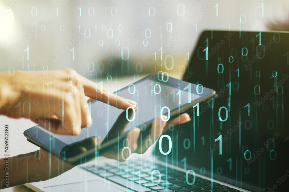 Leinwandbilder creative concept of binary code illustration and finger clicks on a digital tablet on background. bi