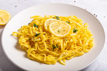Tagliatelle with lemon. Typical italian pasta, ideal for quickly lunch