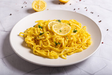 Tagliatelle with lemon. Typical italian pasta, ideal for quickly lunch