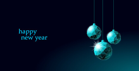 Christmas tree ball decoration low poly. Modern futuristic technology art template greeting card. Dark blue background. Glowing sparkling 3D render sphere Happy New Year banner vector illustration