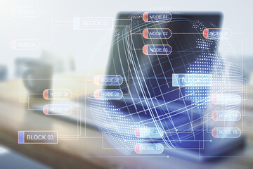 Abstract creative coding concept with world map and modern desktop with computer on background. Multiexposure