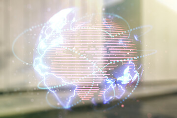 Double exposure of abstract digital world map hologram with connections on contemporary business center exterior background, big data and blockchain concept