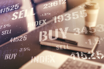 Fototapeta premium Double exposure of abstract creative financial diagram on modern laptop background, banking and accounting concept