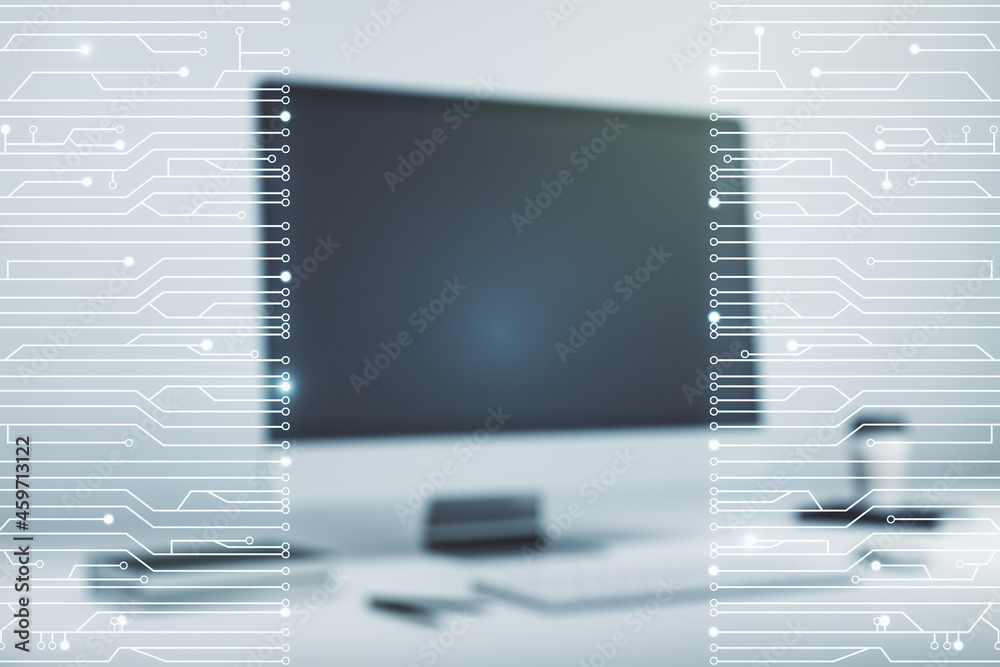 Poster creative abstract micro chip hologram on modern computer background, artificial intelligence and mac