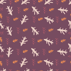 Autumn seamless pattern with different twigs in brown, orange and burgundy colors.