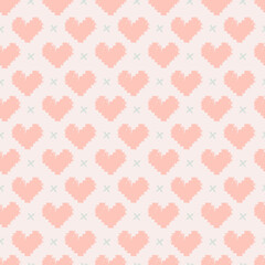 Cute seamless pattern with pink hearts and mint crosses on beige background.