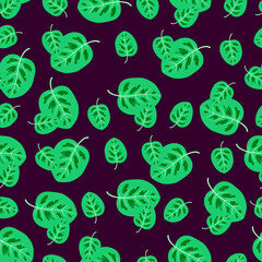 Pattern with stylized arrowroot leaves on a dark purple background.