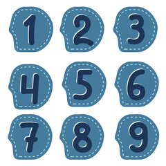 Vector set of numbers from one to nine in dark blue color on the blotted background with dotted stroke.