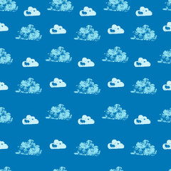 Pattern with mint clouds on dark blue background. Vector illustration  with stamp effect.