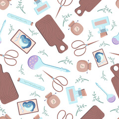 Seamless pattern with tea and coffee cups in pastel colors on white background. Shabby chic backgroun.