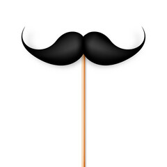 Realistic black mustache on a wooden stick. Fake paper mustache isolated on white background. Fashionable facial hair. Vintage design element. Creative vector illustration.