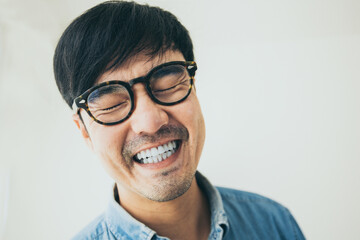 adult asian man.young male person wear eye glasses.posing smiling laughing look excited surprised thinking positive happy people.empty space for text advertising.white background.attractive fashion