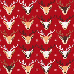 Festive seamless Christmas pattern with heads of reindeers and ornaments on red background. Vector illustration 