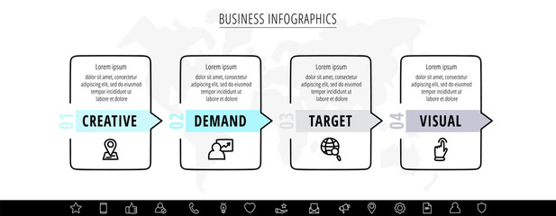 Line vector infographics with 4 rectangles. Square chart process template with arrows. Modern timeline for company or corporate business project, presentation, web, diagram, content