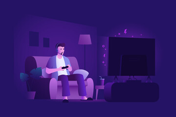 Young man sitting on the couch and playing video games on game console. Gaming night. Home leisure. Vector illustration.