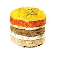 Mimosa salad with carrots, potatoes and eggs. Hand drawn watercolor illustration isolated on white background.