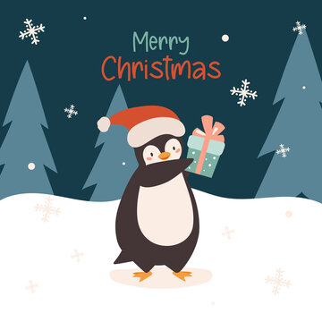 Christmas Cute Little Penguin with Santa Cap and Gift Present. Vector illustration in flat style