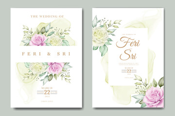 beautiful flower and leaves watercolor wedding invitation card template