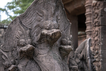 buddha lion statue in khmer hindu temple in archaeological site Thailand Buriram Isan
