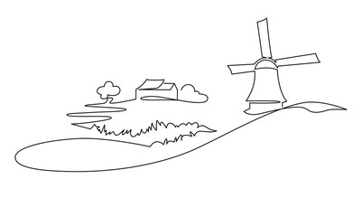 Rural Italian landscape continuous one line vector drawing. Hills, house, trees, mill and lake hand drawn silhouette. Country nature panoramic sketch