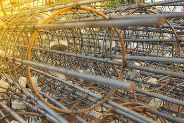 Reinforcement steel rod and deformed bar with rebar at construction site.