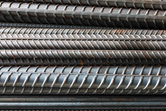 Reinforcement steel rod and deformed bar with rebar at construction site.