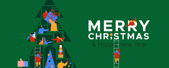 Christmas New Year people online pine tree banner