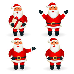 A set consisting of four Santa Clauses. One holds a gift, the second raises his hands up, the third stretched out one hand to the side, the fourth lowered his hands to the belt. 3D Vector