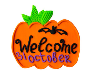 Orange squash pumpkin handmade in plasticine clay cartoon vegetable for October Halloween party. Welcome holiday banner isolated on white background.