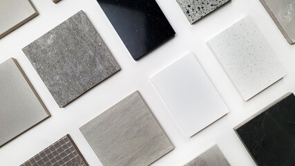samples of interior stone material consists concrete tiles, quartz stones, artificial stones,...