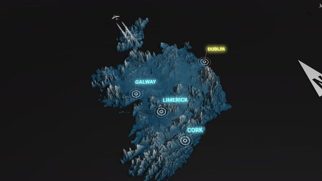 Seamless looping animation of the 3d terrain map at nighttime of Ireland with the capital and the biggest cites in 4K resolution