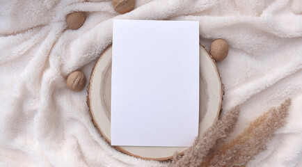 Autumn mock up still life. Empty paper blank with walnuts on fluffy plaid. Wood round tray. Fall, Thanksgiving or wedding greeting card. Nordic eco minimalist decor. Trendy layout flat lay.