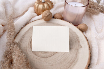 Autumn or winter still life mock composition. Close up paper blank invitation card on wooden tray. Nordic style  for fall or Thanksgiving. Trendy home decoration on white plaid.