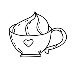 A cup of tea or coffee with cream and a heart. Vector illustration of a hand-drawn line doodle .