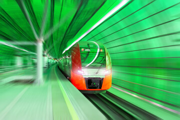 City and suburban high speed train of superior comfort rushes in the green tunnel.