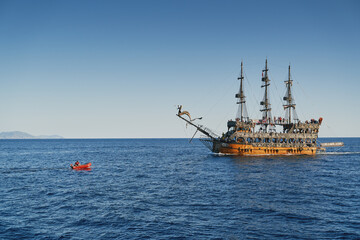 Excursion ship at sea. Turkey, Alanya.