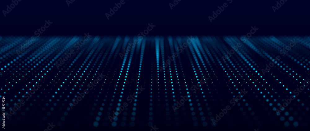 Poster digital background with movement of glowing particles. complex technologies of big data. 3d renderin