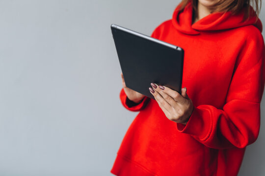 Woman hands with modile device tablet using on isolated background	