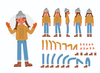 Cute girl wearing winter clothes. Character constructor for animation. Front, side and back view. Body parts and postures collection. Flat cartoon vector illustration isolated.